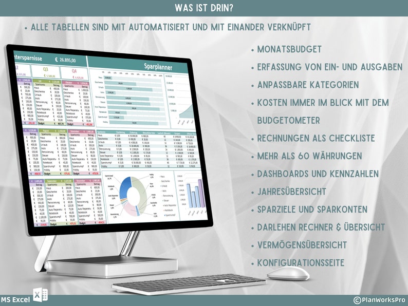May include: A computer screen displaying a spreadsheet with the title "Sparplanner" and a pie chart. The text "WAS IST DRIN?" is at the top of the screen. The text below the title "Sparplanner" reads "ALLE TABELLEN SIND MIT AUTOMATISIERT UND MIT EINANDER VERKN&Uuml;PFT". The text on the right side of the screen lists features of the spreadsheet, including "MONATSBUDGET", "ERFASSUNG VON EIN- UND AUSGABEN", "ANPASSBARE KATEGORIEN", "KOSTEN IMMER IM BLICK MIT DEM BUDGETOMETER", "RECHNUNGEN ALS CHECKLISTE", "MEHR ALS 60 W&Auml;HRUNGEN", "DASHBOARDS UND KENNZAHLEN", "JAHRES&Uuml;BERSICHT", "SPARZIELE UND SPARKONTEN", "DARLEHEN RECHNER & &Uuml;BERSICHT", "VERM&Ouml;GENS&Uuml;BERSICHT", and "KONFIGURATIONSSEITE".