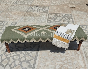 Vintage Kilim Bench, Handwoven Tribal Rug Ottoman, Upholstered Footstool, Boohoo Entryway Bench, Rustic Moroccan Home Décor