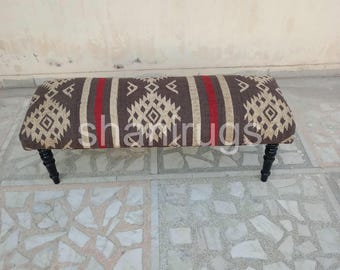Vintage Kilim Bench, Tribal Rug Ottoman, Handwoven Upholstered Footstool, Boohoo Entryway Bench, Rustic Moroccan Home Décor