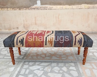 Vintage Kilim Bench, Tribal Rug Ottoman, Handwoven Upholstered Bench, Boohoo Footstool, Rustic Entryway Bench, Moroccan Home Décor