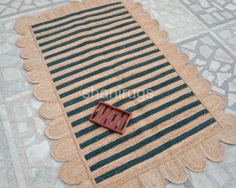 Handmade Scalloped Jute Rug: Bohemian Wave Edge Area Rug