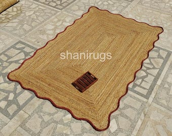 Red Edge Scalloped Jute Rug: Bohemian Area Rug