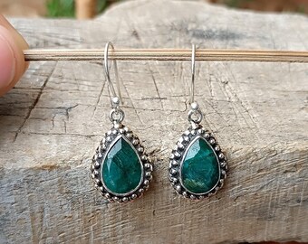 Emerald Dangle Earrings: Sterling Silver Gemstone Bridal Jewelry