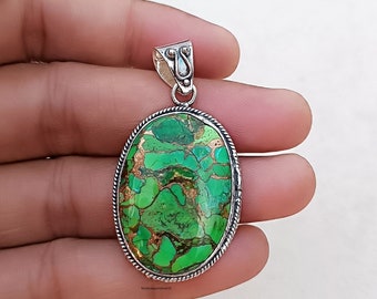 Ciondolo in turchese verde rame: gioielli fatti a mano in argento sterling 925