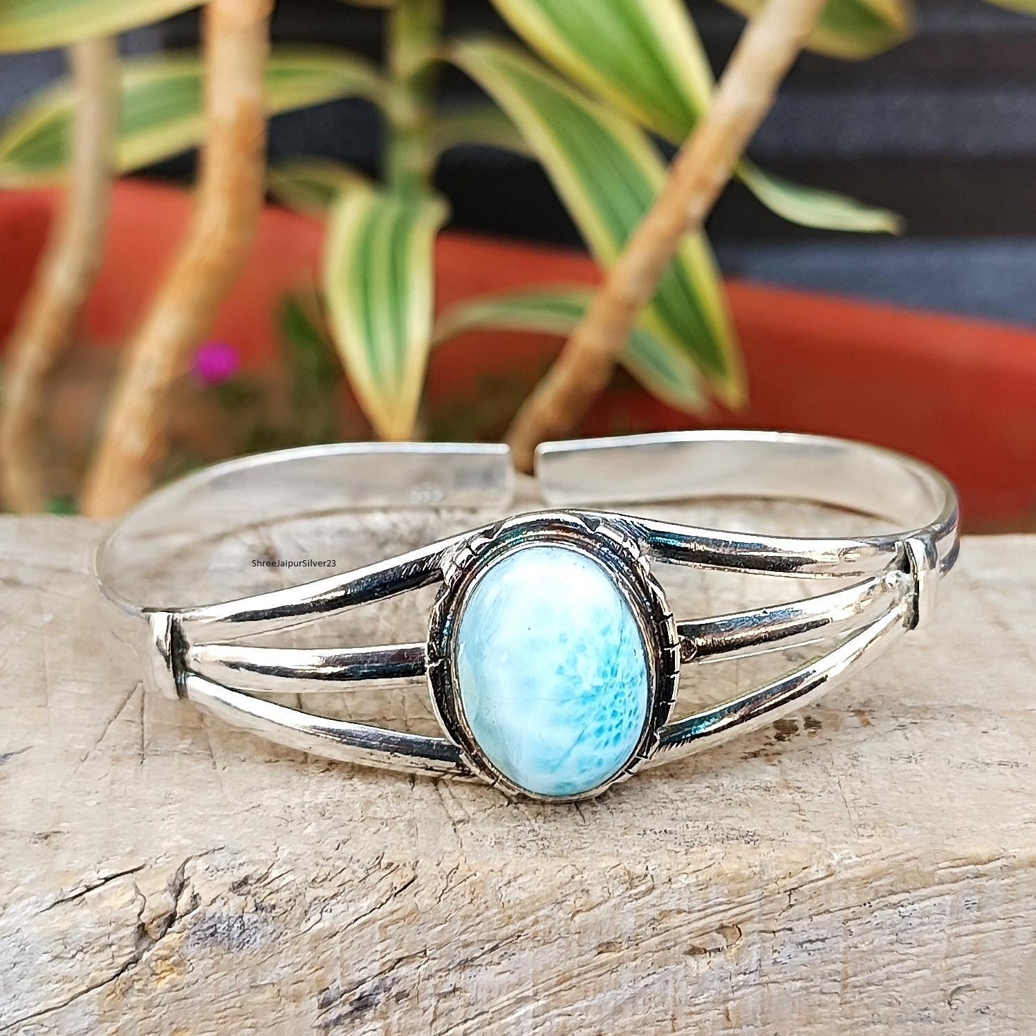 thumbnail image 2 of Handmade 925 Sterling Silver Larimar Gemstone Bangle Bracelet, Oval Blue Stone Promise Bangle, Stackable Beauty Theme Jewelry 2 of 5