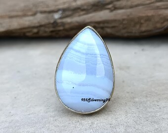 Blauer Spitzen Achat Ring: Handgemachter Sterling Silber Statement Schmuck