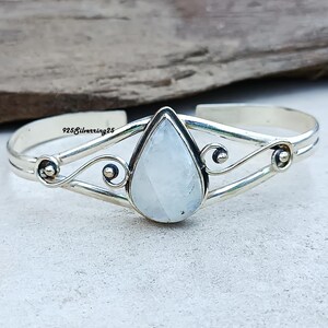 Sterling Silver Moonstone Bangle Bracelet: Handmade Adjustable Jewelry