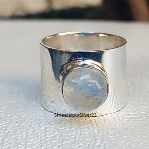 Rainbow Moonstone Sterling Silver Ring: Wide Band Boho Jewelry