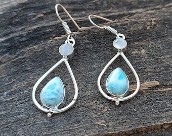 Handgefertigte Larimar Tropfen Stein 925 Sterling Silber Boho Ohrringe