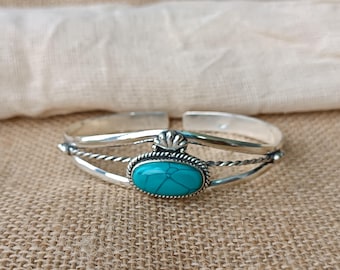 ターコイズ カフブレスレット：ソリッド スターリングシルバー