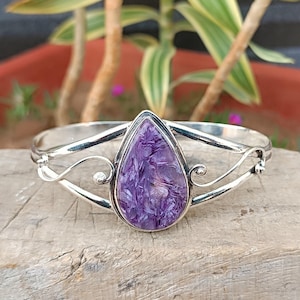 Pulseira de lágrima de charoíta roxa: pulseira ajustável de prata esterlina 925
