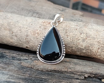 Black Onyx Sterling Silver Pendant: Handmade Pear Shape Boho Necklace