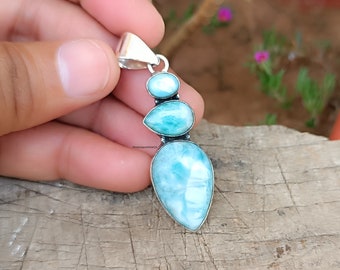 Natural Larimar Gemstone Earring in 925 Sterling Silver, Natural Blue Larimar Hook Earring, Sterling Silver Dangle Earring, Pear Earring