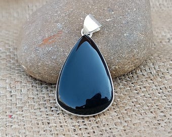 Black Onyx Sterling Silver Pendant: Handmade Pear Shape Boho Necklace