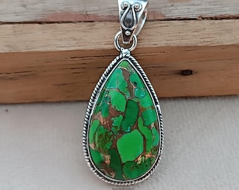 Green Copper Turquoise Pear Pendant: Handmade 925 Sterling Silver Statement