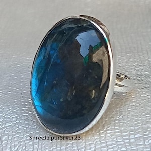 Labradorite Statement Ring: Large Blue Stone, 925 Sterling Silver Boho Ring