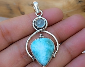 Handmade Pear Larimar Pendant: Boho 925 Sterling Silver Necklace