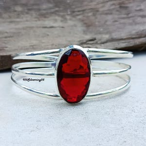 Handmade Sterling Silver Garnet Bangle Bracelet: Adjustable Oval Cut