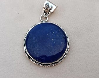 Round Lapis Lazuli Pendant: 925 Sterling Silver Boho Necklace