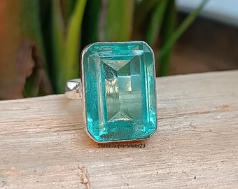 Handmade Aquamarine Ring: Wide Band 925 Sterling Silver Boho Jewelry