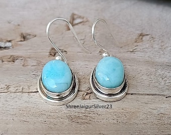 Larimar Gemstone Dangle Earrings, Solid Sterling Silver
