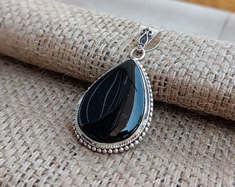 Pear Black Onyx Pendant: Handmade 925 Sterling Silver Jewelry