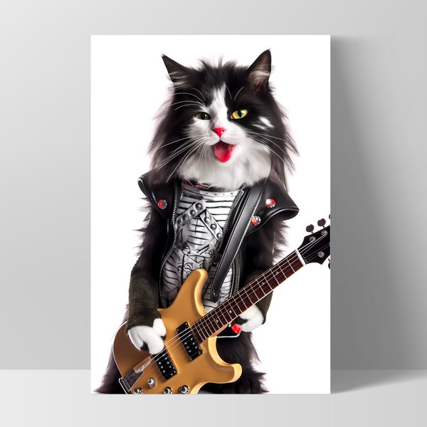 Rolling cat, cat painting, fine art print, digital art download, poster art, music wall art ,rock and roll, guitar poster, poster art, cat