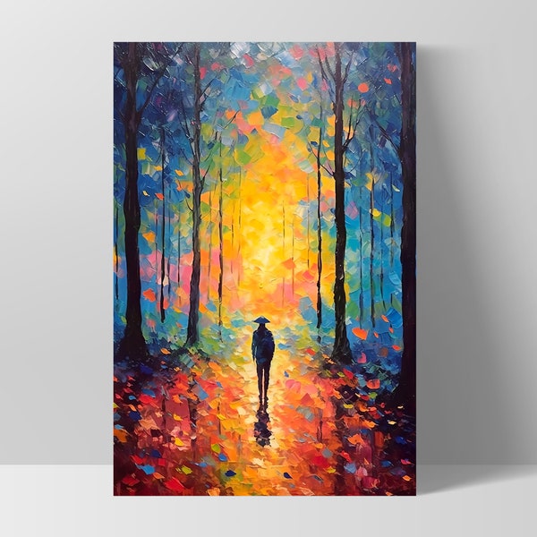 Silhouette walking in the woods colored by hope towards eternity, poster art, impressionists art, french impressionism, wall decor