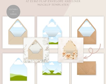 A7 Euro Flap Envelope and Liner Mockup Templates, Liner, Kraft Paper, Colored, DIGITAL DOWNLOAD, Editable in Canva, Commercial Use