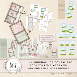 Junk Journal Horizontal Tag Pockets Style 1 Vol 1 Templates and 1 Mockup Bundle, Vintage Look Overlays, Product Display Mockup Templates