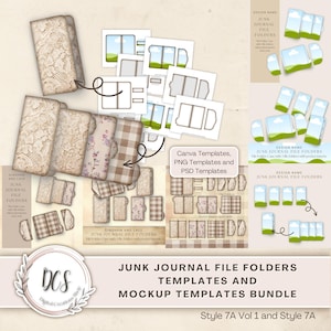 Junk Journal File Folders Style 7A Vol 1 Templates and 7A Mockup Templates Bundle, Vintage Look Overlays, Product Display Mockup Templates