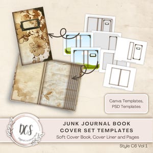 Junk Journal Book Cover Set Style C 6 Covers Templates, Vintage Look Overlays, Journal with 1.5 inch Spine, Signatures, Distressed Edge Look