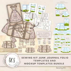 Sewing Kit Junk Journal Folio Templates and Mockup Templates Bundle, Vintage Look Overlays, Product Display Mockup Templates