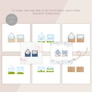 A7 Euro und A7 quadratische Klappen Umschlag und Liner Mockup Vorlagen, Farbe, Kraft, DIGITALER DOWNLOAD, bearbeitbar in Canva, kommerzielle Nutzung