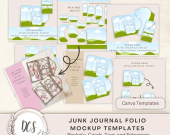 Junk Journal Folio Style 1AA Mockup Templates, Pockets Cards Tags Ephemera, Canva Template, Product Display Mockup for Trifold Folio