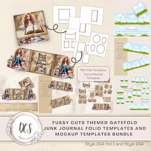 Fussy Cuts Themed Gatefold Junk Journal Folio Style 2AA Templates and Mockup Templates Bundle, Vintage Look Overlays, Product Display Mockup