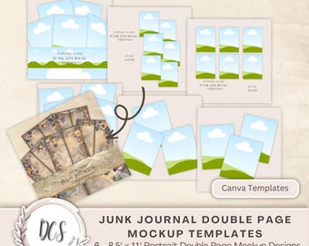 Junk Journal Double Page Style 2 Mockup Templates, US Portrait 8.5 x 11 inch Papers, Canva Template, Product Display Mockups for Pages
