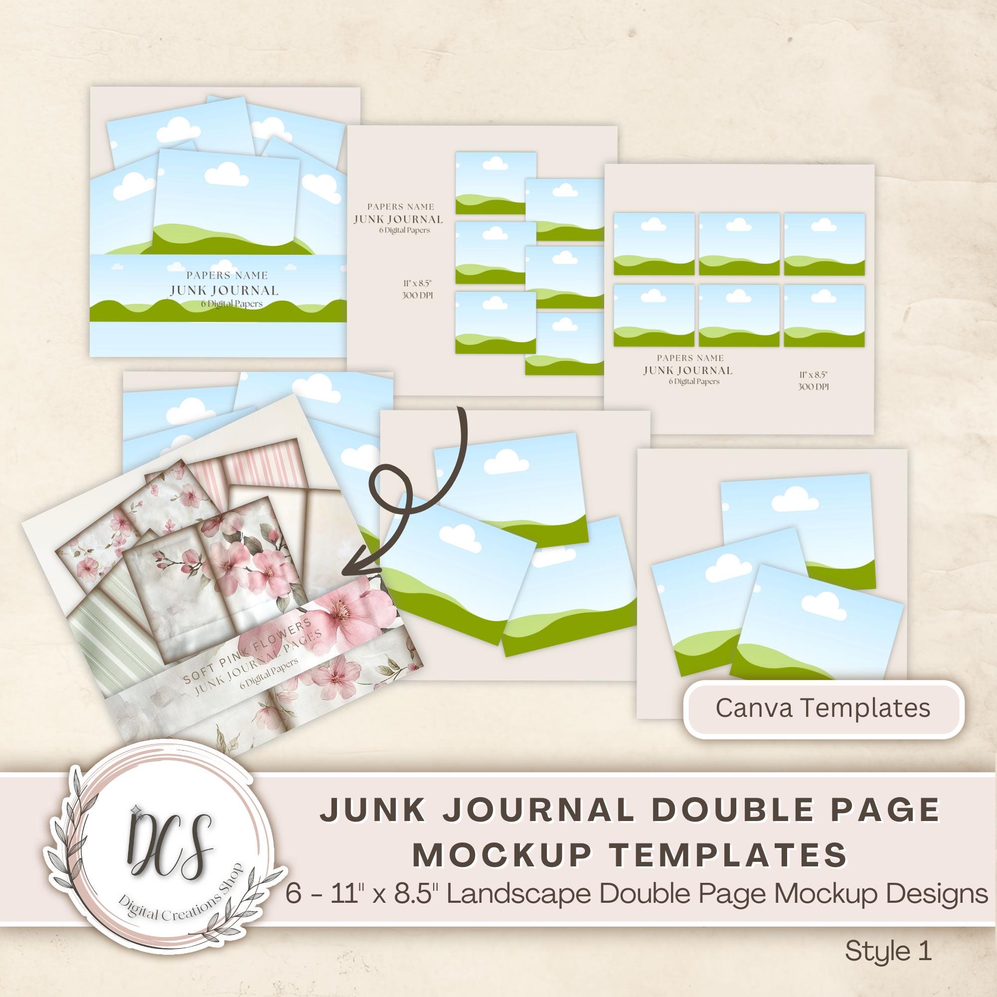 Junk Journal Double Page Style 1 Mockup Templates, US Landscape 11 x 8.5 inch Papers, Canva Template, Product Display Mockups for Pages