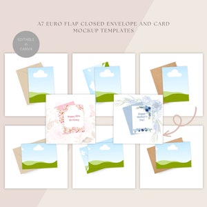 Modelos de envelope fechado e cartão com aba Euro A7, papel Kraft, colorido, DOWNLOAD DIGITAL, editável no Canva, uso comercial permitido