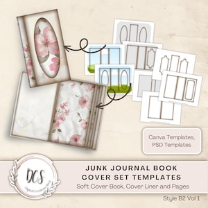 Junk Journal Book Cover Set Style B2 Vol 1 Templates, Vintage Look Overlays, Journal with 1 inch Spine and Signatures, Distressed Edge Look
