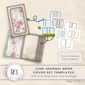 Junk Journal Book Cover Set Style C1 Vol 1 Templates, Vintage Look Overlays, Journal with 1.5 inch Spine, Signatures, Distressed Edge Look