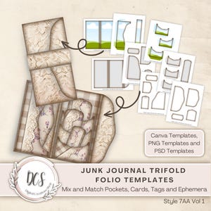 Plantillas para el diario Art Junk Journal, estilo folio 7AA, vol. 1, superposiciones de estilo vintage, tríptico, etiquetas para tarjetas con bolsillos, aspecto desgastado, material efímero