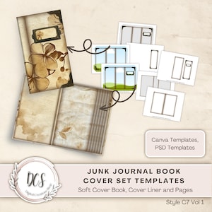 Junk Journal Book Cover Set Style C 7 Covers Templates, Vintage Look Overlays, Journal with 1.5 inch Spine, Signatures, Distressed Edge Look
