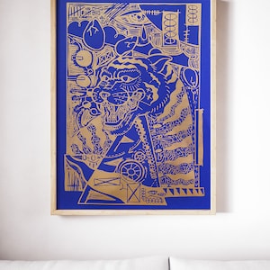 Bellissimo poster tigre coreana blu con inchiostro vegan riso metallizzato oro