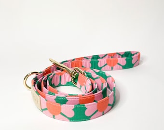 Retro Flowers Leash | Green & Pink Floral Dog Leash / Dog Lead