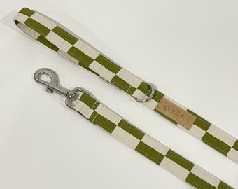 Green Checkerboard Leash | Green & Beige Checkerboard Dog Leash / Dog Lead