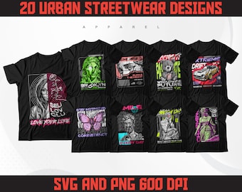 Urban Streetwear T-Shirt Designs Bundle | 20 PNG & SVG Graphics
