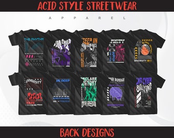 May include: Nine different t-shirt designs featuring bold, colorful graphics and text. The designs include phrases like "The Rhythm", "We Are Stronger Together", "Collaboration", "Diversity", "Global Impact", "Anti-Cyber Bullying", "Declare Victory", "Ve Deep", "Brain Damage", "Infinity", and "Star Child".
