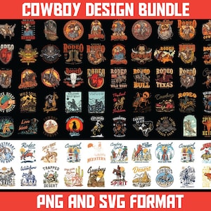 May include: A set of 40 colourful vintage-style cowboy and rodeo themed illustrations. The illustrations feature cowboys, horses, saddles, boots, and other western imagery. The illustrations are perfect for use on t-shirts, mugs, tote bags, and other merchandise.