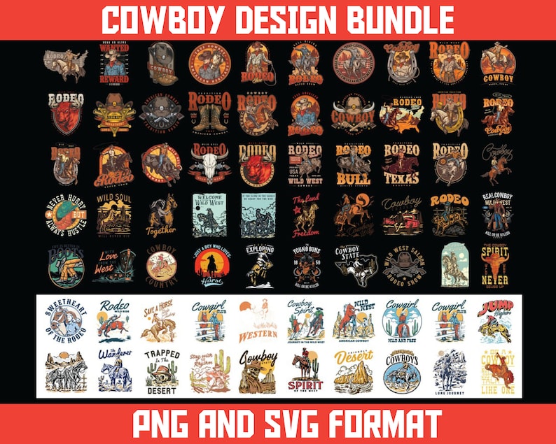 May include: A set of 40 colourful vintage-style cowboy and rodeo themed illustrations. The illustrations feature cowboys, horses, saddles, boots, and other western imagery. The illustrations are perfect for use on t-shirts, mugs, tote bags, and other merchandise.